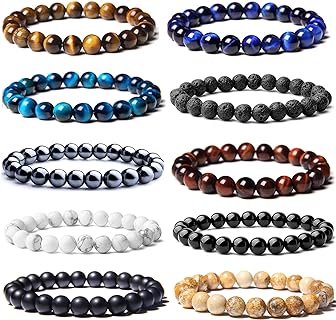 10pc Round Bead Semi-Precious Bracelets with Rope Chain for Men & Women - 8mm Stone Crystal Healing Unisex Design