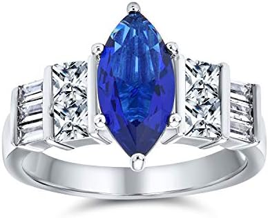 Bling Jewelry Personalize Vintage Estate Art Deco Style Halo Blue Simulated Sapphire Marquise Oval Solitaire Engagement Ring For Women .925 Sterling Silver Customizable