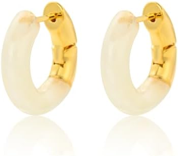 Snap-Back Resin Hoop Earrings | Two-Tone Trendy Amber & Gold Chunky Design | Lightweight Copper | Ideal Gift for Teens & Women | High-Fashion Hoop Studs from China