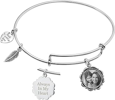 Qina C. Personalized Photo Message Engraving Custom Bangle Dangle Charm Adjustable Expandable Wire Bracelet Inspirational Gift f/Family Friend Wife Daughter