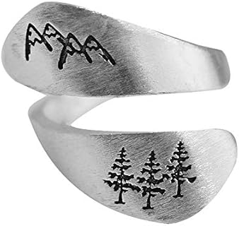 Mountain and Trees Cute Wrap Rings for Women Girls Finger Band Statement Vintage Silver Plated Middle Tail Ring Wide Hypoallergenic Expandable Adjustable Cute Engagement Promise Dainty Mother Gifts Birthday