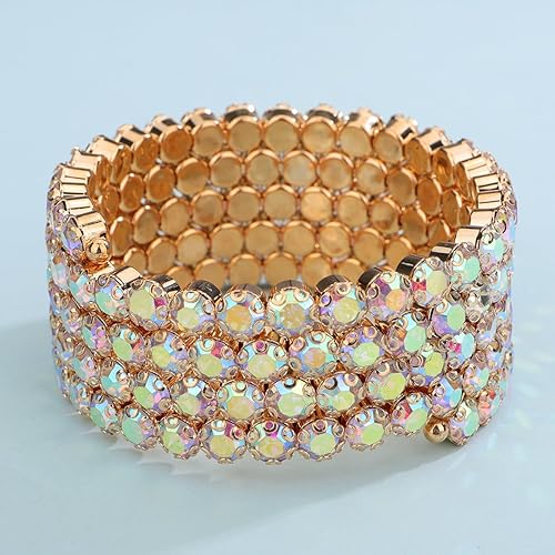 Xerling Colorful Iridescent Rhinestone Crystal Bracelets for Women Multi-row Silver Bangles Wrap Stretch Bridal Girls Hand Jewelry for Wedding