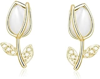 Sterling Silver White Chalcedony Tulip Flower Stud Earrings