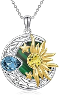 AOBOCO Sterling Silver Sun, Moon, Star Necklace with Rolo Chain & Austrian Crystal - Celtic Jewelry for Women