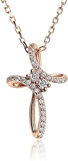 Lobster-Claw Clasp Rose Gold Cross Pendant Necklace with Cubic Zirconia Accents, Fashioned in Cable Chain for Women, Delicate Crystal Design