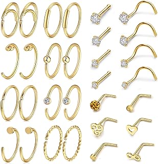 AllerPierce 20G Nose Rings Set 30-40Pcs Bone Screw L Shaped Nose Studs Hypoallergenic Tragus Cartilage Nose Ring Hoop Stainless Steel Nose Piercing Jewelry for Women Men