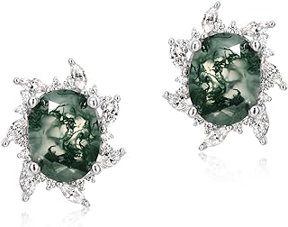 WES Earrings for women, Natural Moss Agate 925 Sterling Silver Stud Earrings For Women Green Gems Engagement Wedding Jewelry Gift