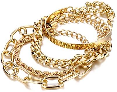 14K Gold-Plated Layered Bangle Bracelets with Link Chain and Lobster Claw Clasp for Women - Adjustable and Dainty