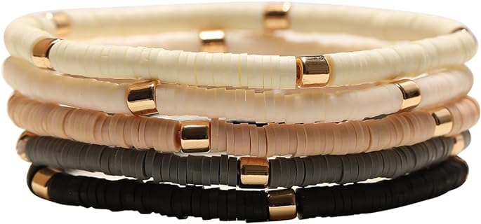 White Clay Bead Necklace by GOOJIDS - Polymer & Metal Bohemian Stackable Elastic Bracelets with Bead Chain, No Clasp, Stylish Surfer Heishi Design