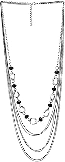 COOLSTEELANDBEYOND Layered Statement Necklace, Crystal Beads, Silver Black Multi-Strand Waterfall Long Chains and Circle Charm