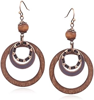 Bohemian Vintage Alloy Drop Earrings with Nature Bead for Women and Girls - Bamboo Circle Hoop Design with French Wire Back