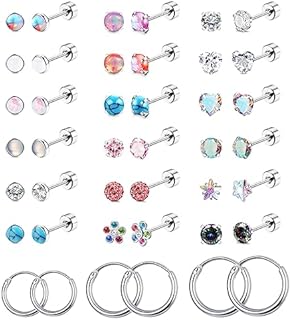 YADOCA 21Pairs Hypoallergenic Screw Back Earrings for Girls Women 20G Tiny Surgical Steel Flat Back Stud Earrings Small CZ Opal Moonstone Screwback Earrings Hoop Set Multicolored