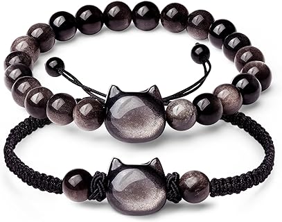 "Black Panther Obsidian Bead Bracelet with Braided Chain, Perfect for Men & Women, Unique Cat Design, Elastic Cord Design"

