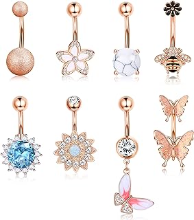 Dochais 8PCS Belly Button Ring, Surgical Steel Belly Rings for Women Stainless Steel Opal Pearl Sparkling CZ Belly Piercing Jewelry Sunflower Butterfly Piercing Jewelry