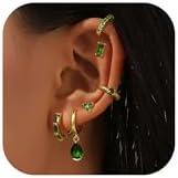 14K Gold Plated Hoop & Stud Earrings Set for Women - 6 Pairs with Green Cubic Zirconia - Hinged Hoop Back Finding for Secure Wear - Versatile Accessory for Multiple Piercings