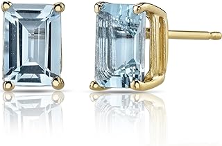 Peora Solid 14K Yellow Gold Aquamarine Earrings for Women, Genuine Gemstone Birthstone Solitaire Studs, 7x5mm Radiant Cut, 1.75 Carats total, Friction Back