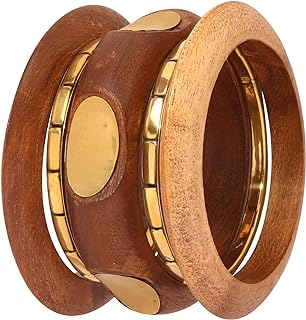 Box Chain Bollywood Bangle Bracelets - Brass & Wood, Hand Cut Designs for Women - Touchstone Indian Jewelry in Gold Tone