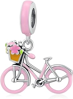 Sterling Silver Clasp Bracelet with Hanging Pink Bicycle Charm - Enamel Dangle Bead Pendant for Girls and Women