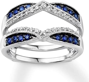 2 CT Round Shape Simulated Blue Sapphire and White Cubic Zirconia V Style Wedding Engagement Enhancer Guard Ring In 14K White Gold Plated 925 Sterling Silver Gift for Womens