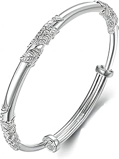 S925 Silver Bangle Bracelet for Women, Elegant Women‘s Sterling Silver Bracelet Bangle Adjustable 6.4-7.8 inches Small Size