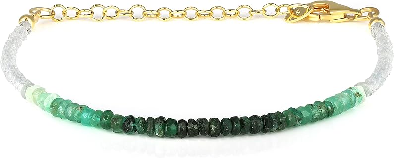 Lobster Claw Clasp Emerald & White Topaz Beaded Bracelet with C-Chain Design in Sterling Silver for Women - Round/Rondelle Beads