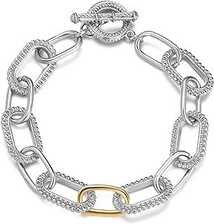 Women's Two-Tone Link Bangle Bracelet with Lobster Claw Clasp and Cable Chain - Gold and Silver Circle Design