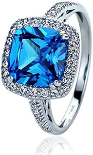 Simulated Blue Topaz CZ Stone Cushion Cut Engagement Ring in Solid 14K White Gold Size 5 to 9