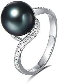 18K White Gold Women's Natural Tahitian Pearl Ring Diamonds Engagement Wedding Band
