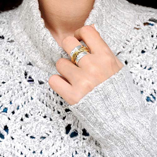 925 Sterling Silver Band Ring for Women with Brass Wrap Wide Statement Ring
