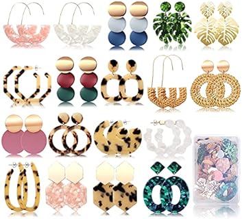 FIFATA Hypoallergenic Stainless Steel Earrings Set- 18 Pairs of Rattan, Acrylic Resin Hoop and Dangle Earrings for Women and Girls