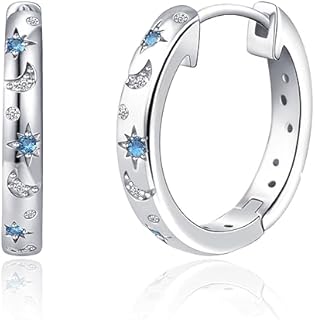 Chic Silver Moon & Star Hoop Earrings with Hinged Hoop Back, Cubic Zirconia Embellished for Women and Girls