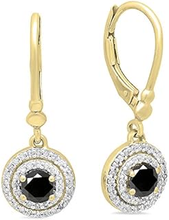 1 Carat Round Black and White Diamond Double Halo Drop Earrings with Lever Back in 10K Yellow Gold for Women - Elegant Design