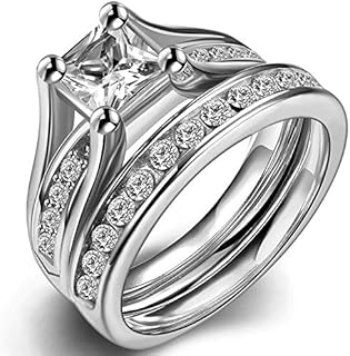 Jude Jewelers Stainless Steel Princess Cut Wedding Engagement Ring Set Anniversary Propose Eternity Bridal Halo