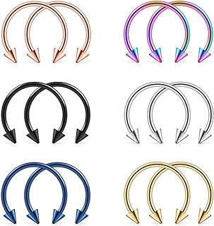 Ruifan 12-Piece Set of Versatile 16G Surgical Steel Spike Nose Ring with Horseshoe Hoop Design and 5 Color Options for Eyebrow, Tragus, Lip Piercing