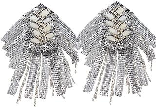 Pair of Gold Tassel Chain Jacket Epaulet Shoulder Brooches with Pin Clasp and Gem Accents in Silver and Zinc Alloy Metal