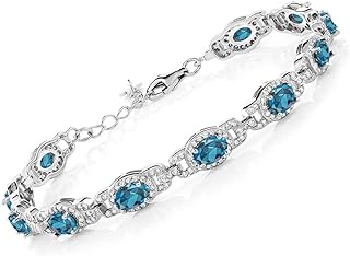 925 Sterling Silver London Blue Topaz Tennis Anklet with Link Chain and Lobster Claw Clasp for Women, Oval Design