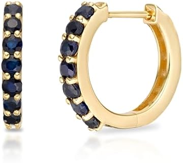 Chic Hinged Post Blue Sapphire Hoop Earrings, 10k Yellow Gold, 12MM Mini Hoops for Women, Classic Design by Max + Stone, Perfect for Daily Wear