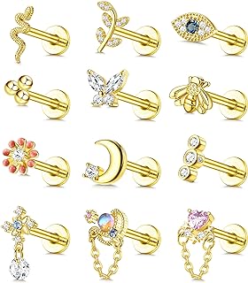 FASACCO 12Pcs 16G Stainless Steel Top Screw Flat Back Earrings Snake Moon CZ Cartilage Stud Earrings for Women Forward Internally Threaded Helix Tragus Conch Labret Monroe Medusa Lip Nose Piercing