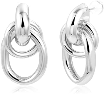 Sterling Silver Post Geometric Dangle Earrings with Push Back Design For Women and Girls - Trendy Knot Link Drop Earrings with No Gemstone - Stylish Silver Jewelry Gift