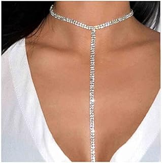 Boho Rhinestone Crystal Y Necklace Tennis Chain Y Lariat Necklace Long Gold CZ Drop Chain Necklace Sparkle Party Nightclub Necklace Chain Jewelry for Women and Girls