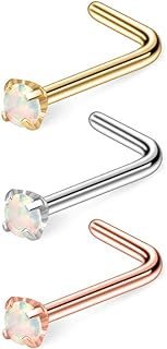 Ruifan 20G 316L Surgical Steel 2mm Opal Nose Rings Studs L-Shape Ring Body Piercing Jewelry 3PCS