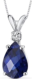 14K White Gold Blue Sapphire and Diamond Teardrop Pendant Necklace with Spring Ring Clasp for Women, Elegant Pear Shape Design
