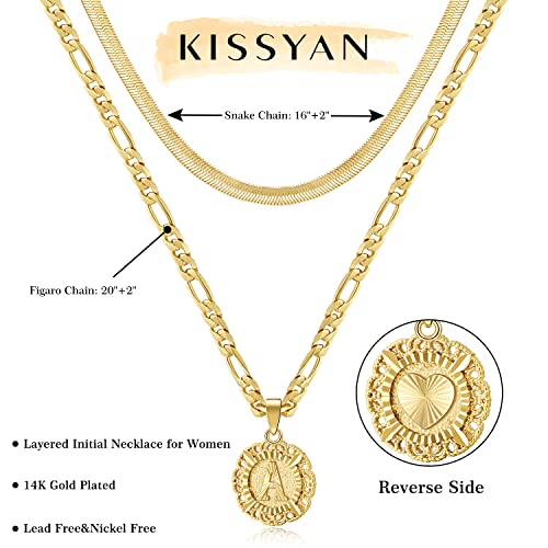 KissYan Gold Layered Initial Necklaces for Women,14K Gold Plated Layering Round Letter Pendant Figaro Snake Chain Necklace Capital Monogram Alhpabets from A-Z Dainty Jewelry Gifts for Teen Girls