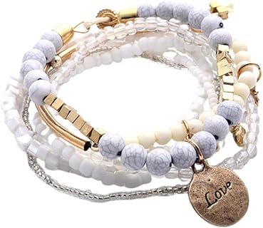 Caiyao Boho Stackable Resin and Alloy Bead Bracelets with Spring Ring Clasp and Multicolor Love Pendant Design