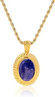 Vintage Yellow Gold Plated Stainless Steel Lapis Lazuli Necklace, Twisted Rope Chain Oval Lapis Lazuli Gemstone Pendant Necklace, Dainty Jewelry Gifts for Women Girl