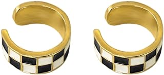 Checker Cuff Wrap Cartilage Earrings for Women Girls Non Pierced Ear Fashion Gold Plated Black White Enamel Fake Hoop Hypoallergenic Jewelry Gift