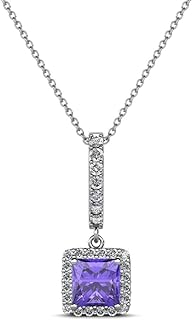 0.72ctw Princess Cut Iolite and Diamond Halo Pendant Necklace Set in 14k White Gold with 18" Chain - USA Origin