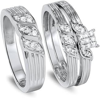 POMPEII3 White Diamond Trio Engagement & Wedding Ring Set in 10K White Gold, Sized 4.5 for Couples - Classic Design