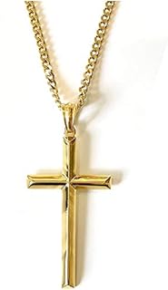 Men's 24K Gold Plated Cross Pendant Necklace with Figaro Link Chain and Lobster-Claw Clasp, Diamond Cut Design, 20 Inches