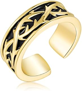 Men's Brass Thorn Engraved Adjustable Ring - Gold/Silver Plated - Bold 8MM Width Design - Sizes 7 to 13 - Inspirational Christian Jewelry - Perfect Daily Wear Accessory & Gift